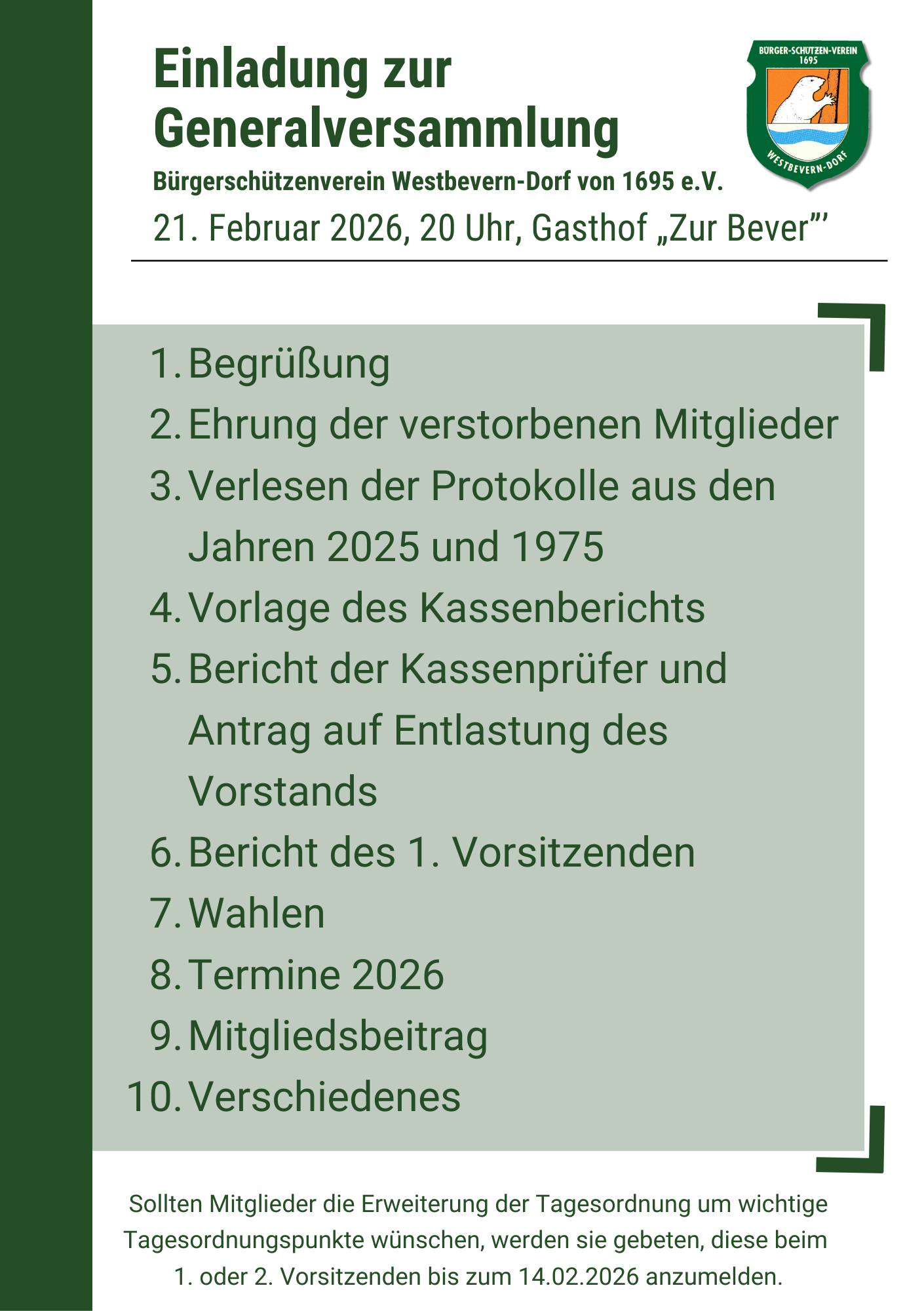 Einladung zur Generalversammlung am 21. Februar 2026, 20 Uhr, im Gasthof Zur Bever